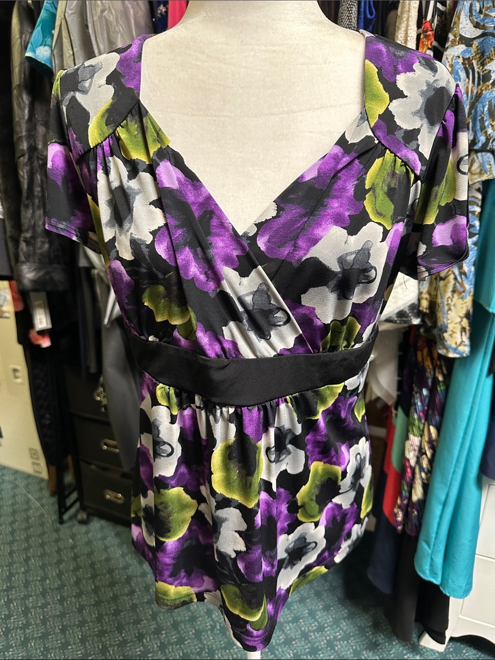 I.N. Studio Black, Purple & Green Floral Wrap Blouse